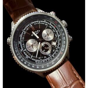 Rotary Men's Chronograph Pilot Watch Black Dial Brown Leather Strap G500100/04